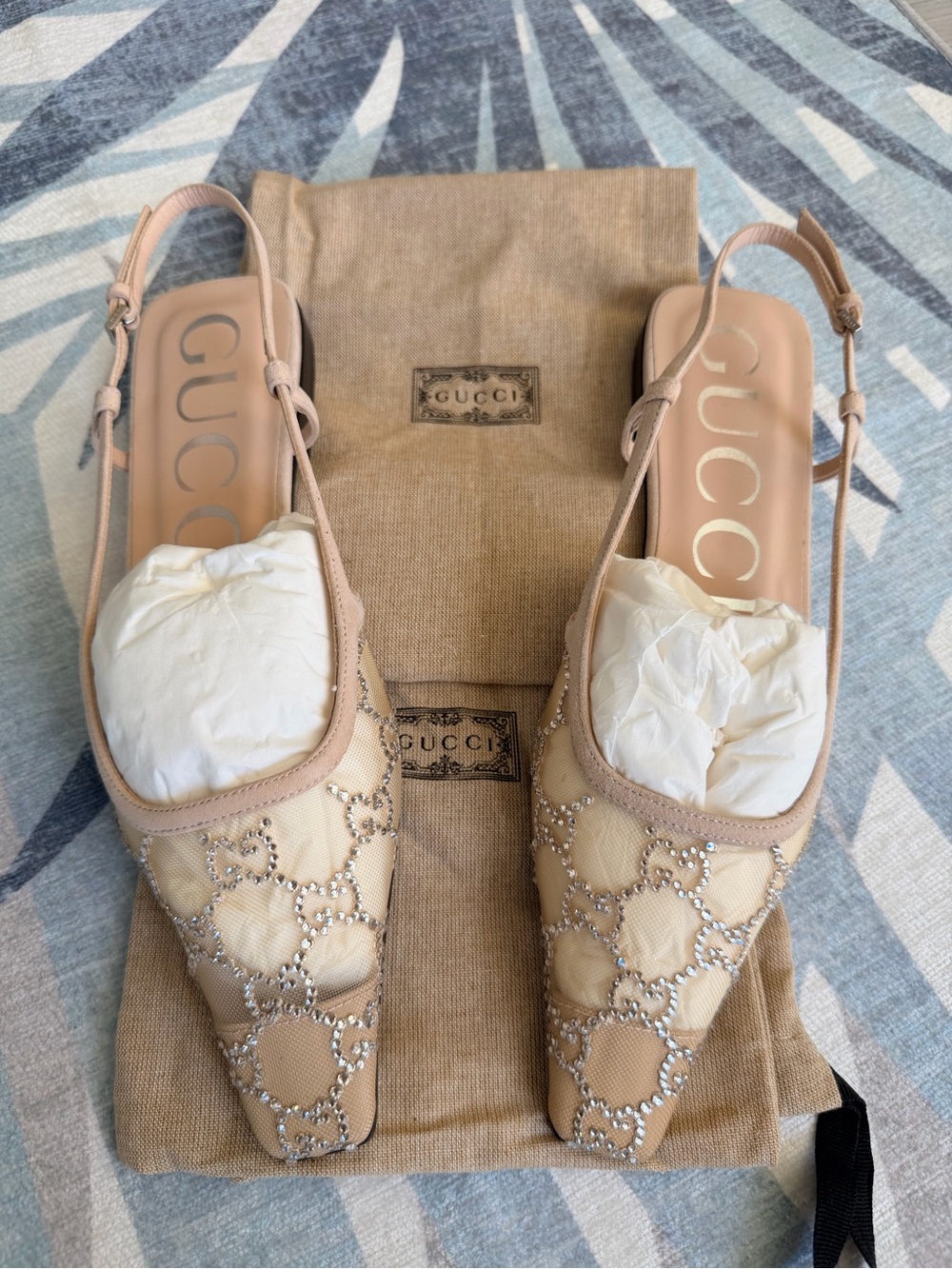 Gucci Beige Crystal-Embellished Slingback Flats